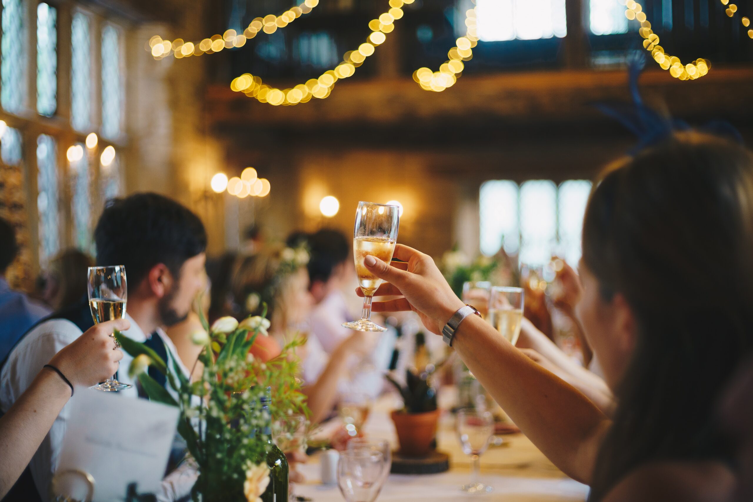 Wedding guests give a toast